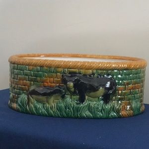 Large Black Cow Trinket Ceramic Weave Basket NWOT